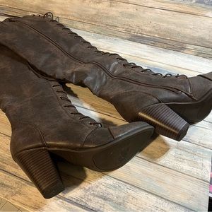 Knee High Faux Brown Leather Heeled Boots